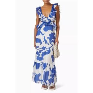 Sir The Label Vivi Frill Maxi Dress Cotton-Silk Blend blue white size US 2 XS